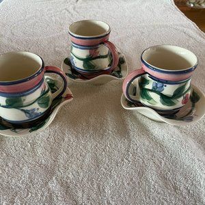 Set of 3 vintage Gail Pittman coffee mugs and saucers Novak